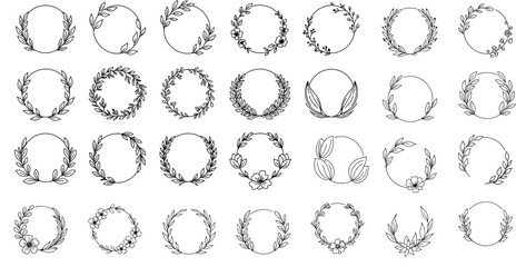 Collection of hand drawn floral oval frame elements
