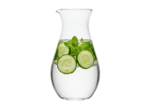 Isolated glass carafe with cucumber and mint water, refreshing detox beverage on display