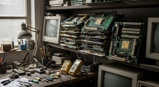 A Cramped Workspace: An Ode to Old Computers and Motherboards Amidst a Disorganized Workbench,Vintage Electronics Workbench with Tools and Piles of Motherboards