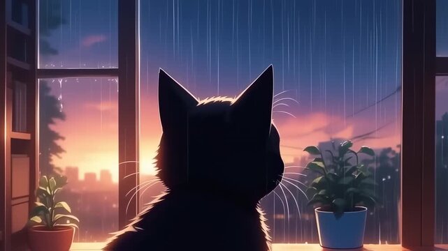 Silhouette of a black cat gazing out a window at a rainy sunset over the city