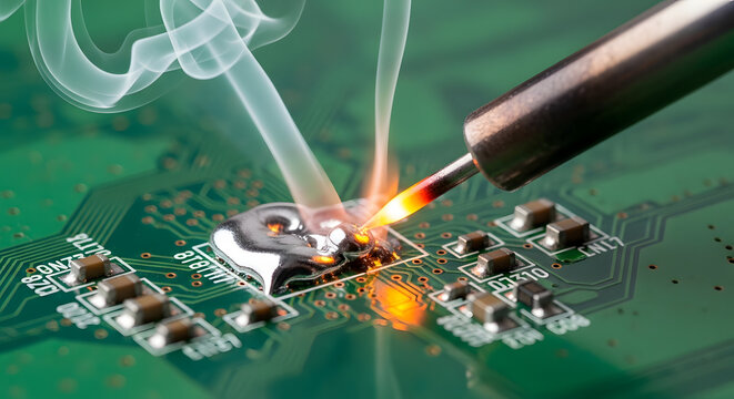 Soldering Iron Repairing a Circuit Board with Smoke and Molten Solder, Close-up of a Heated Soldering Iron Applying Molten Solder to a Green Circuit Board