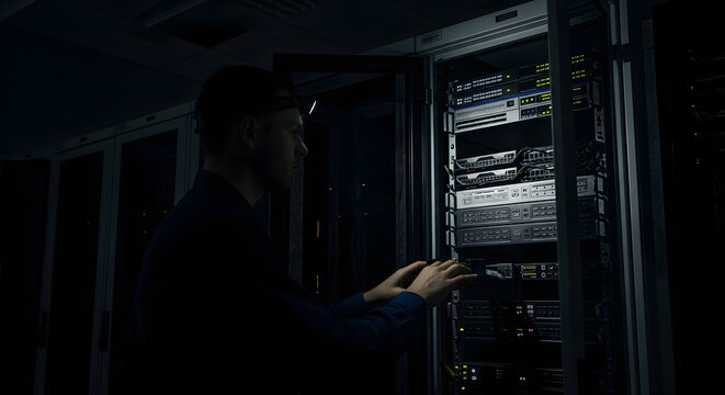 A technician is working on server maintenance using a headlamp in a dark server room, A man is working in a data center with computer servers illuminated by the lights of the equipment - Powered by Adobe