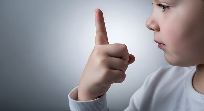 Child hand, Adorable child raises index finger expressing a message with cop