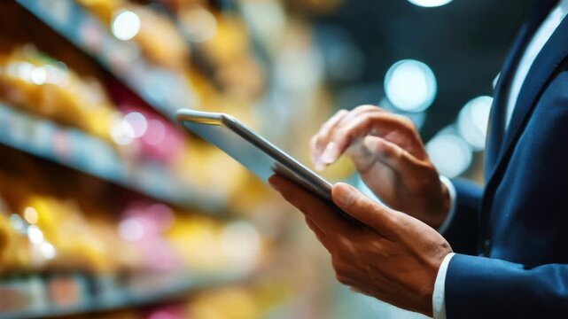 A Businessman Engaged in Digital Activity in an Aisle Full of Vibrant Products, Signifying the Fusion of Technology and Commerce in Today's Retail Environment