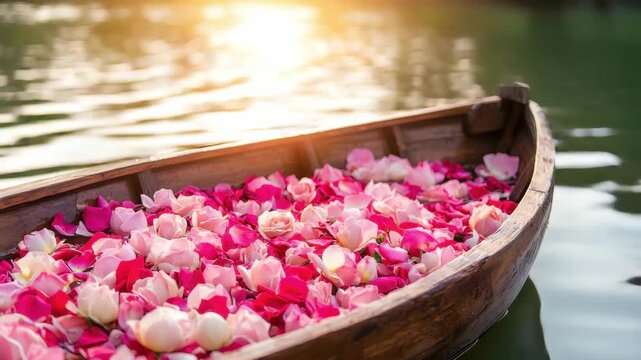 Wooden rowboat filled with pink and red rose petals floating on water with bright sunlight reflecting seen close up