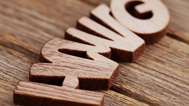 Close-up of wooden letters spelling a word on a weathered wooden surface