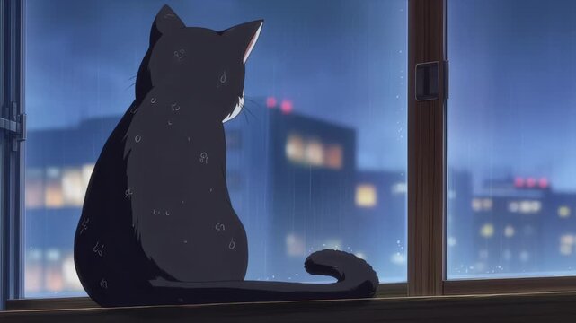 A black cat sits by a window on a rainy night, overlooking a city