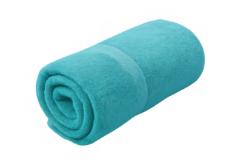 Turquoise rolled fleece blanket providing warmth and comfort, soft textile for home living and relaxation, transparent background