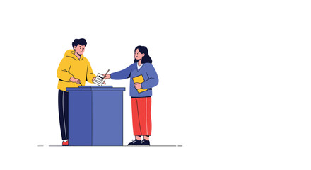 A man casts his vote into a ballot box with the assistance of a female election official, symbolizing democratic participation.