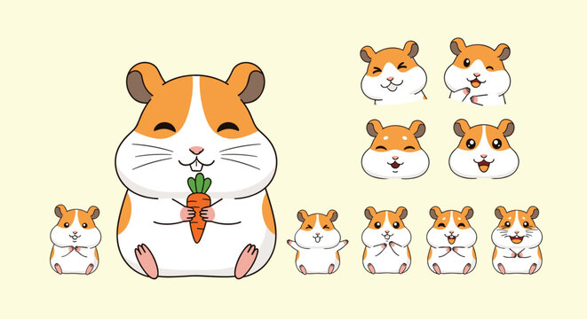 A collection of cute cartoon hamsters in various poses and expressions, including one holding a carrot, set against a soft background.