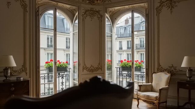 Elegant Parisian Apartment Interior with Ornate Windows and City View in a Sunny Day