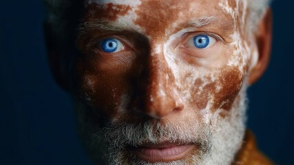 A compelling close-up portrait of an elderly man with striking blue eyes and a weathered face marked by distinct patterns, vividly showcasing the nuances of age and character in detailed textures.