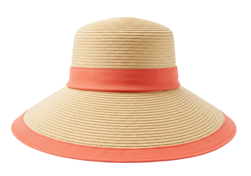 Isolated elegant women's sun hat, beach accessory with coral accent, summer fashion item