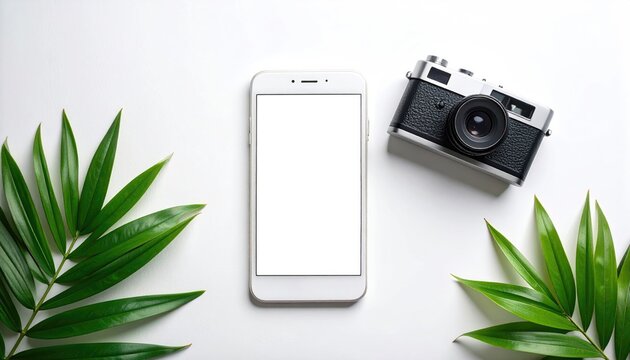Phone, vintage camera, palm fronds on a white background - Powered by Adobe