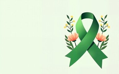 Mental Health Awareness Month. Raising awareness of mental health campaign. Green awareness ribbon with flowers. Vector concept design and illustration. High quality