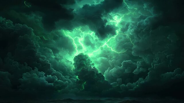 Dark storm clouds illuminated by bright green lightning strikes over a turbulent ocean showcasing atmospheric weather