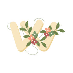 Illustration of the letter W in flat style, decorated with colorful flowers and green leaves, creating a delicate and botanical look. Ideal for monograms, invitations, and personalized stationery.