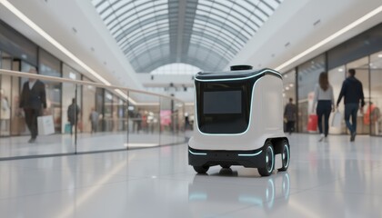 futuristic delivery robot in shopping mall for ai innovation stories, retail automation trends and smart city technology concepts