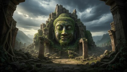 Ancient moss covered monument in remote jungle showing mystery, lost culture, spiritual travel inspiration and timeless legend in hidden landscape