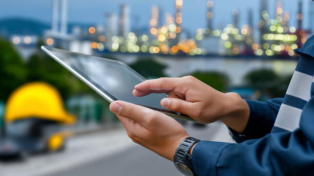 Semi-defocused shot: engineer’s hands holding a tablet in sharp focus, surrounding industrial zone out of focus, dual workflow theme, with copy space