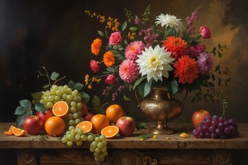 Vibrant floral still life oil painting with dahlias, roses, daisies in brass vase. Abundant fruit (grapes, oranges, apples) on rustic table, dark background. Wallart.