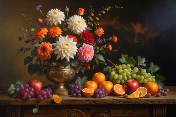 Vibrant floral still life oil painting with dahlias, roses, daisies in brass vase. Abundant fruit (grapes, oranges, apples) on rustic table, dark background. Wallart.