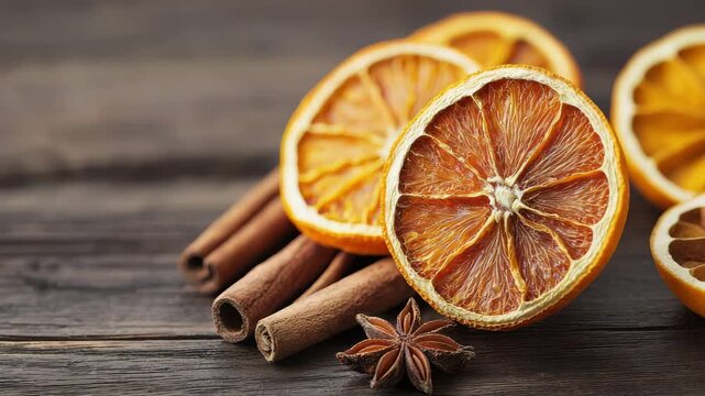 Dried orange slices cinnamon sticks and star anise are displayed on a rustic brown wooden surface
