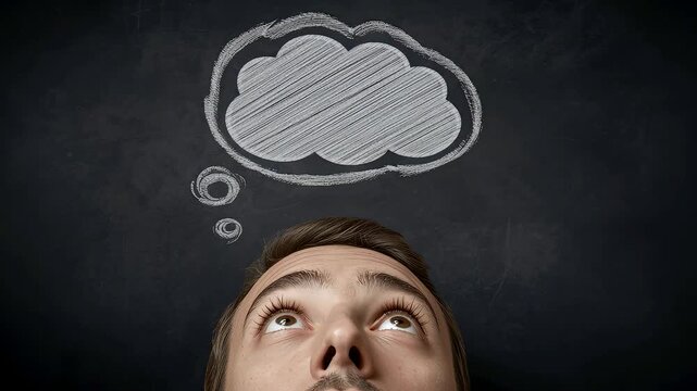 Man looking upward at a chalk-drawn cloud thought bubble on a dark chalkboard wall, creating a creative concept scene with expressive imagination