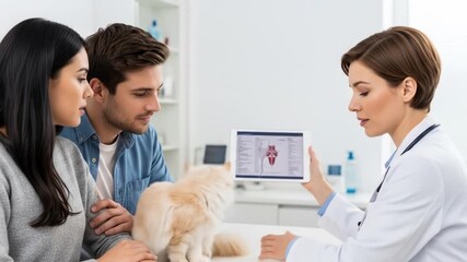 Veterinarian showing results on tablet to couple with cat. - Powered by Adobe