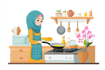 In a warm kitchen filled with plants and cooking utensils, a Muslim woman skillfully prepares pancakes on a stove, showcasing her culinary talent and attention to detail