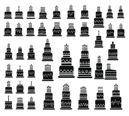 Collection of birthday cake icons isolated on white background, showcasing diverse cake designs for celebrations, parties, and special occasions with candles
