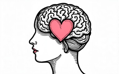 line art world mental health day poster with human head and heart. High quality