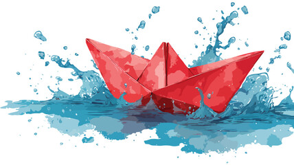 Fototapeta premium Vibrant Red Origami Boat on Blue Water with Splashes Vector Illustration