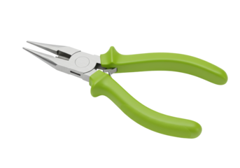 Isolated long nose pliers with green handles, metal tool for gripping and cutting