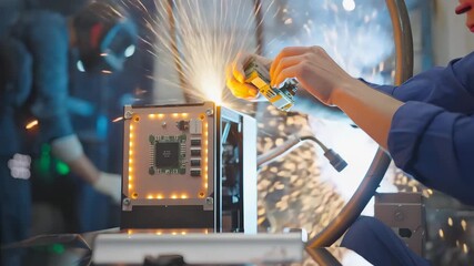 Dynamic technician assembles advanced computer hardware with precision engineering in innovative lab