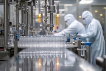 Pharmaceutical Vaccine Production in Modern Laboratory. Automated laboratory innovations in pharmaceutical manufacturing cleanroom biotechnology enhancements. High quality