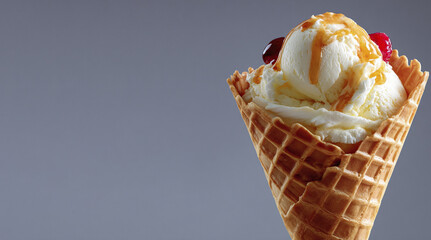 A tempting ice cream cone features smooth vanilla ice cream crowned with a drizzle of caramel and a bright cherry. The waffle cone provides a crunchy base, making it a perfect summer treat