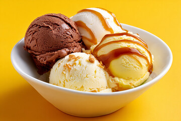 A bowl features rich chocolate ice cream and creamy vanilla ice cream, topped with a glossy caramel drizzle. The vibrant yellow background enhances the appetizing look, tempting anyone nearby