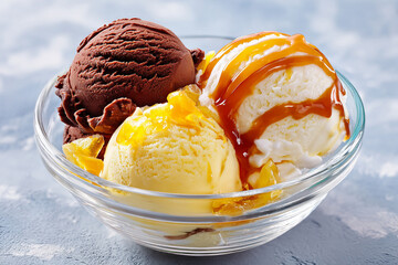 A delightful bowl holds rich chocolate ice cream and smooth vanilla ice cream topped with caramel drizzle and bits of fruit. Perfect for a warm day or sweet treat