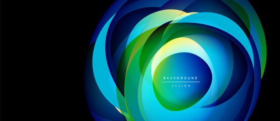 Abstract design features vibrant concentric circles. Blue, green hues dominate composition. Modern aesthetic, dynamic flow.