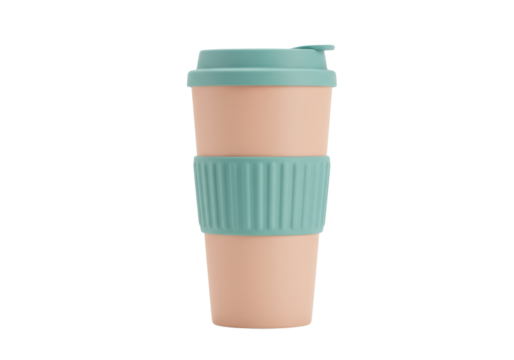 Isolated reusable coffee mug with mint-green lid and holder, eco-friendly coffee to go cup