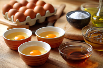 In a warm kitchen, three bowls hold separate egg yolks, while whiskey and other ingredients are gathered for baking. Fresh eggs rest in a carton nearby, ready for use in a delicious recipe
