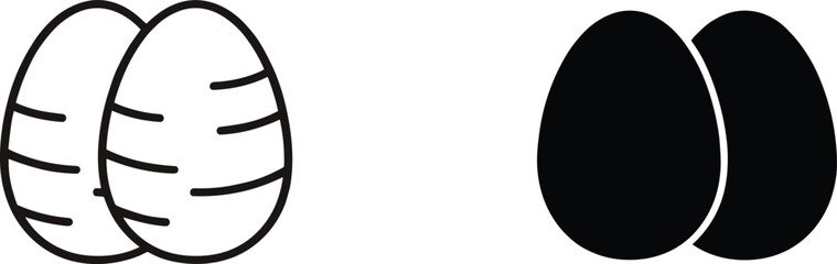 Minimalist Egg Icons Set Showing Two Eggs in Black Outline and Solid Silhouette Styles for Food and Farm Design Vector.