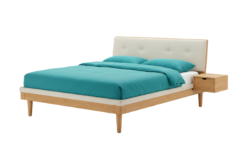 Isolated wood bed with fabric headboard and attached nightstand with drawer, bedroom furniture