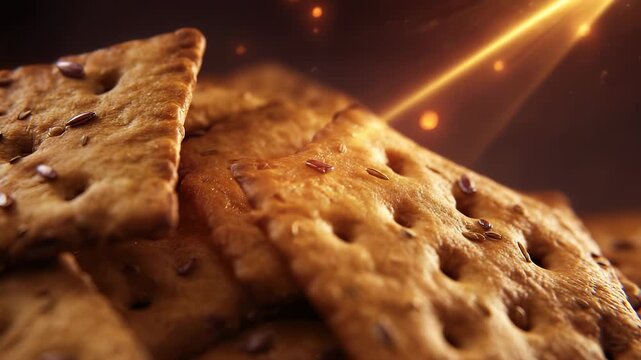 The golden crackers are stacked closely, displaying their crispy texture and lines. Each cracker shows visible seeds that enhance the appealing appearance of the snack.