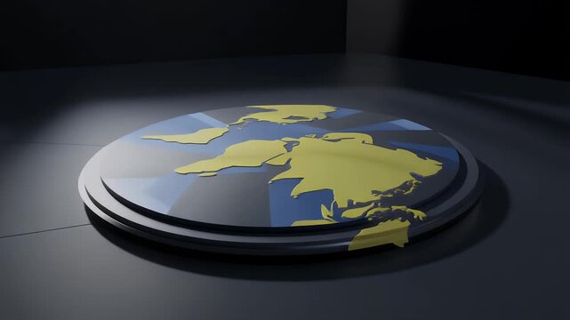 A spotlight illuminates a stylized flat earth model with golden continents on a dark, reflective surface.