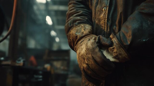Dirty gloved hands of industrial factory worker