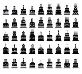 Collection of birthday cake icons isolated on white background, showcasing diverse cake designs for celebrations, parties, and special occasions with candles