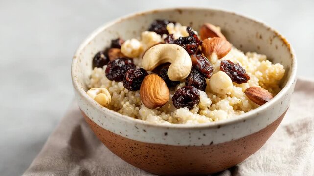 Cooked quinoa in a ceramic bowl garnished with almonds cashews hazelnuts and dried berries on a grey surface