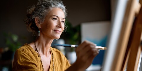 Mature caucasian female artist painting on canvas in studio